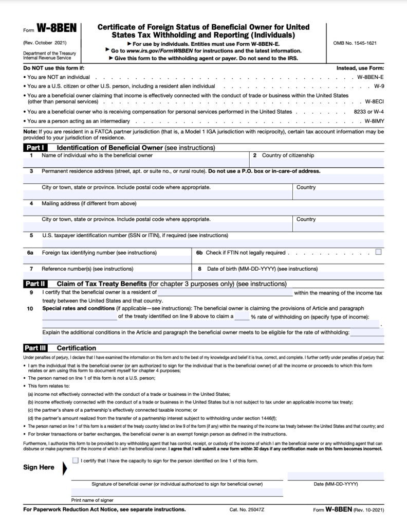 a close-up of an W-8BEN document